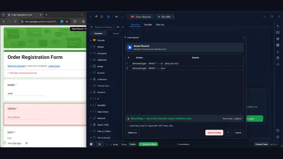 RunMacro Browser Mode filling Google Forms on Chrome