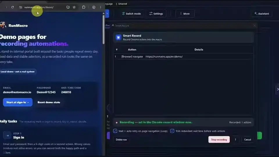 RunMacro Smart Record capturing web form actions and clicks