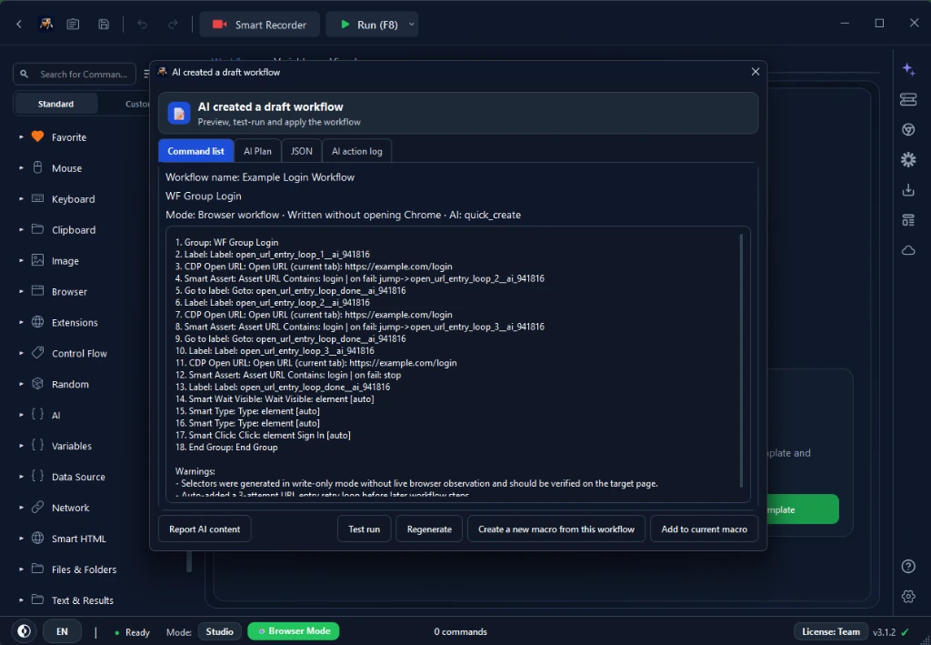 Figure 2: Creating automated web workflows effortlessly using RunMacro's AI in Browser Mode.