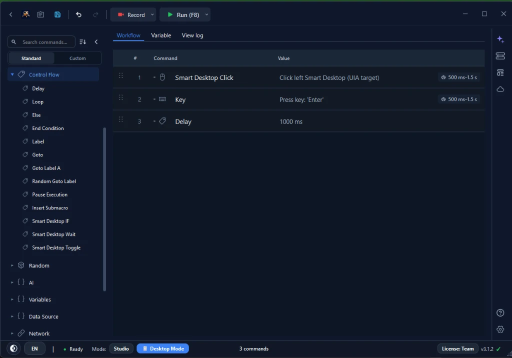 Figure 1: RunMacro's visual drag-and-drop workflow editor with logic blocks and UIA target clicking.