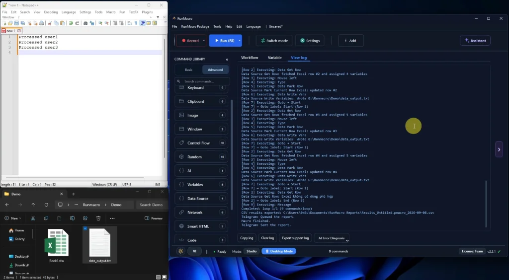 Figure 3: Live execution verification: RunMacro reads Book1.xlsx, inputs rows into the target application, and outputs status logs.