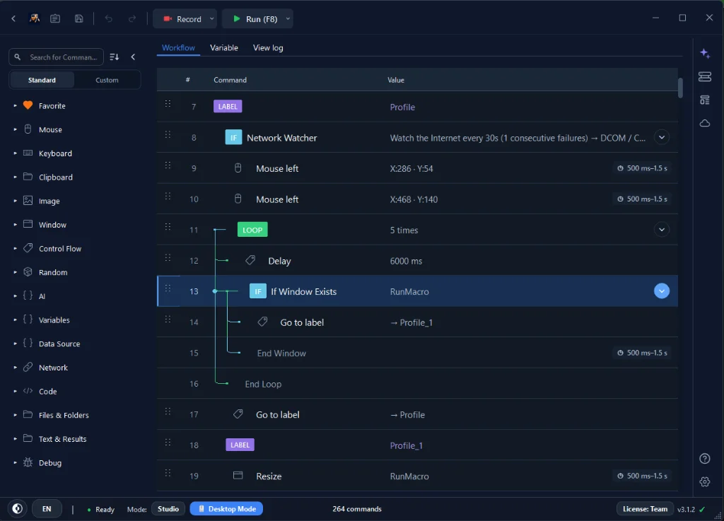 Figure 1: Building a resilient Windows automation workflow in RunMacro Studio with integrated loops, mouse clicks, and window condition branching.