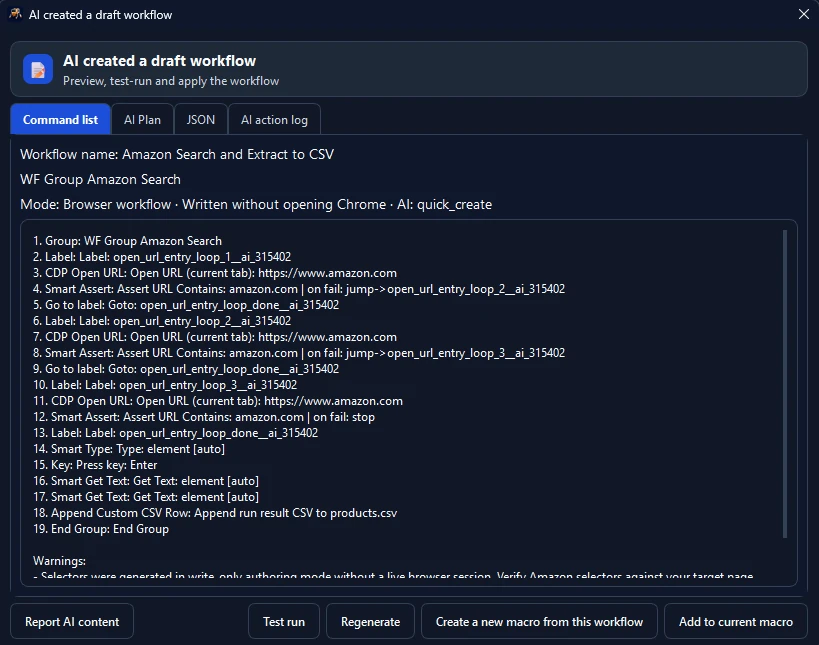 Figure 2: Reviewing and testing the AI-generated workflow preview before applying it to the main macro.