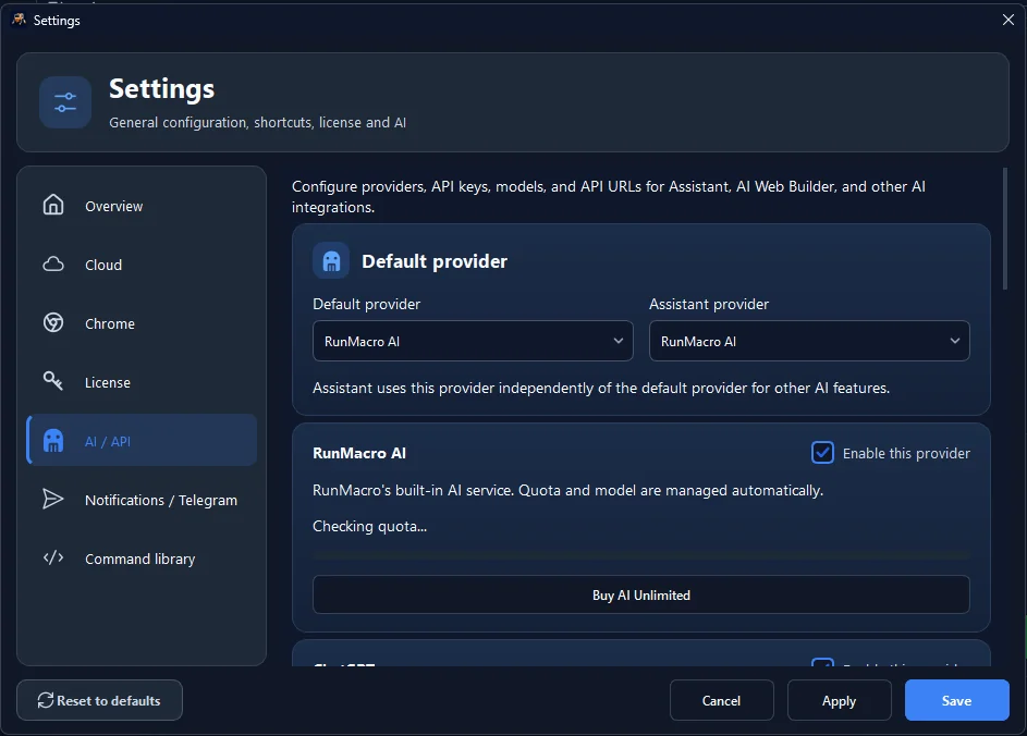 Figure 3: Built-in RunMacro AI configuration panel managing AI models, Assistant providers, and automation quotas.