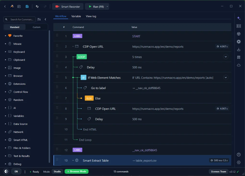 Figure 1: Full web extraction workflow in RunMacro Studio featuring CDP page navigation, element assertion, and Smart Extract Table actions.