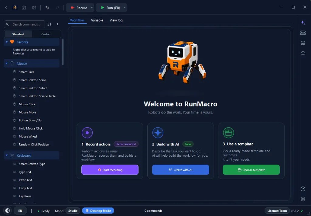 Figure 1: The RunMacro visual canvas interface allows you to assemble and configure command sequences from an intuitive action library.
