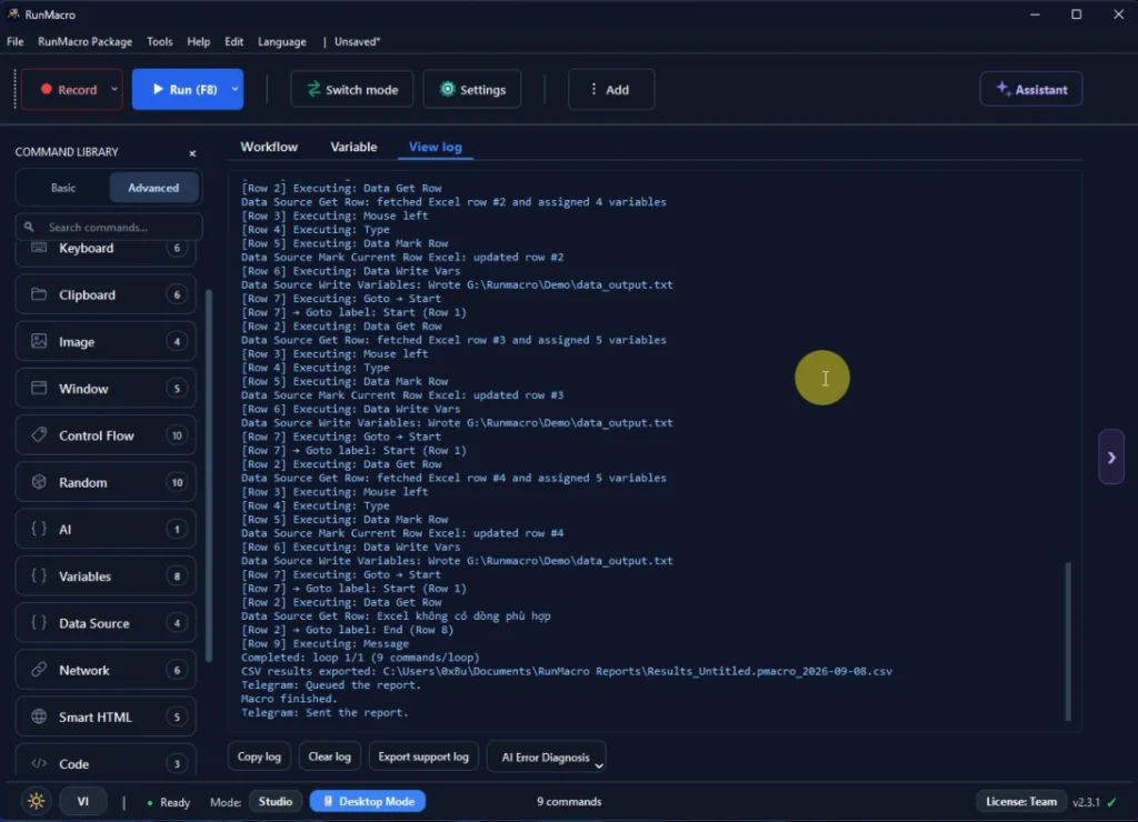 Figure 3: Full execution trace in RunMacro View Log featuring step-by-step audit logs, Telegram report dispatch, and AI Error Diagnosis.