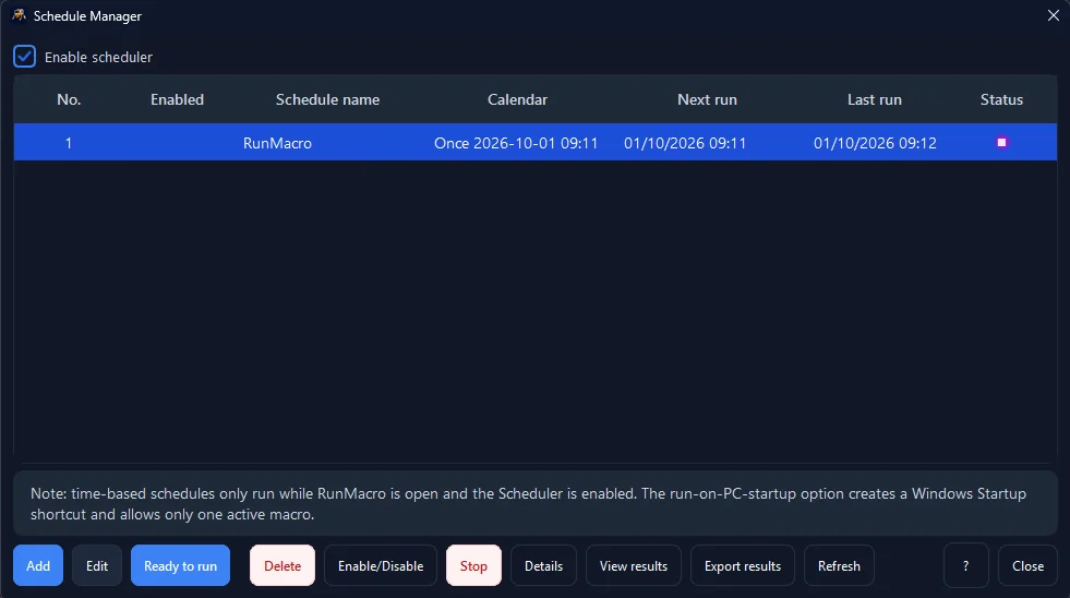 Figure 1: The Schedule Manager centralizes all recurring automation jobs with calendar intervals and status monitoring.