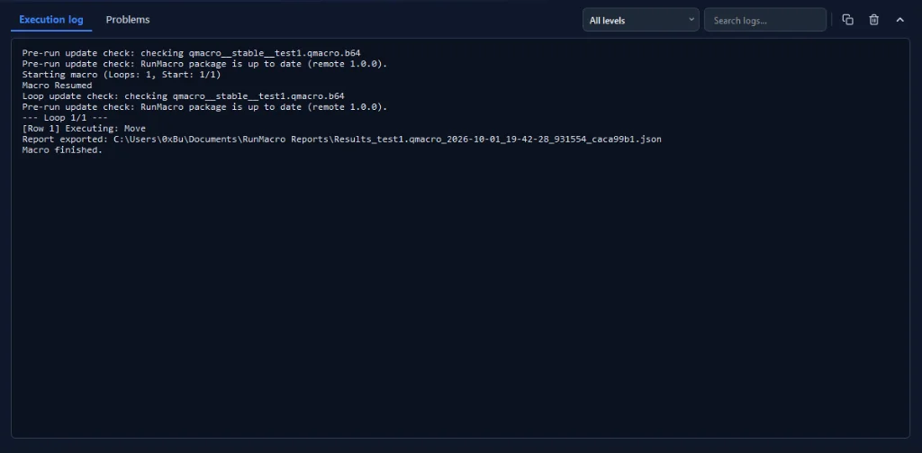 Figure 3: Comprehensive Execution Log tracking unattended scheduled macro runs with timestamps and exported report paths.