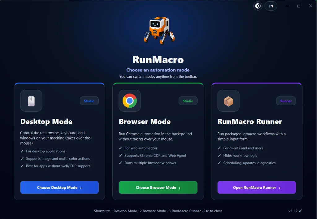 Figure 1: Choosing your automation architecture: Desktop Mode controls real screen inputs, while Browser Mode powers resilient background Chrome automation.