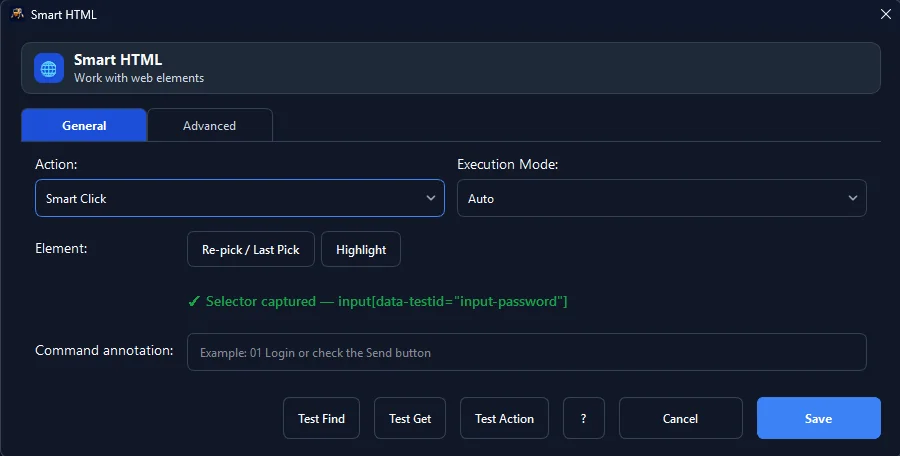 Figure 3: Smart HTML targets DOM elements directly via CSS selectors (e.g. input with data-testid attribute) for robust, background web automation.