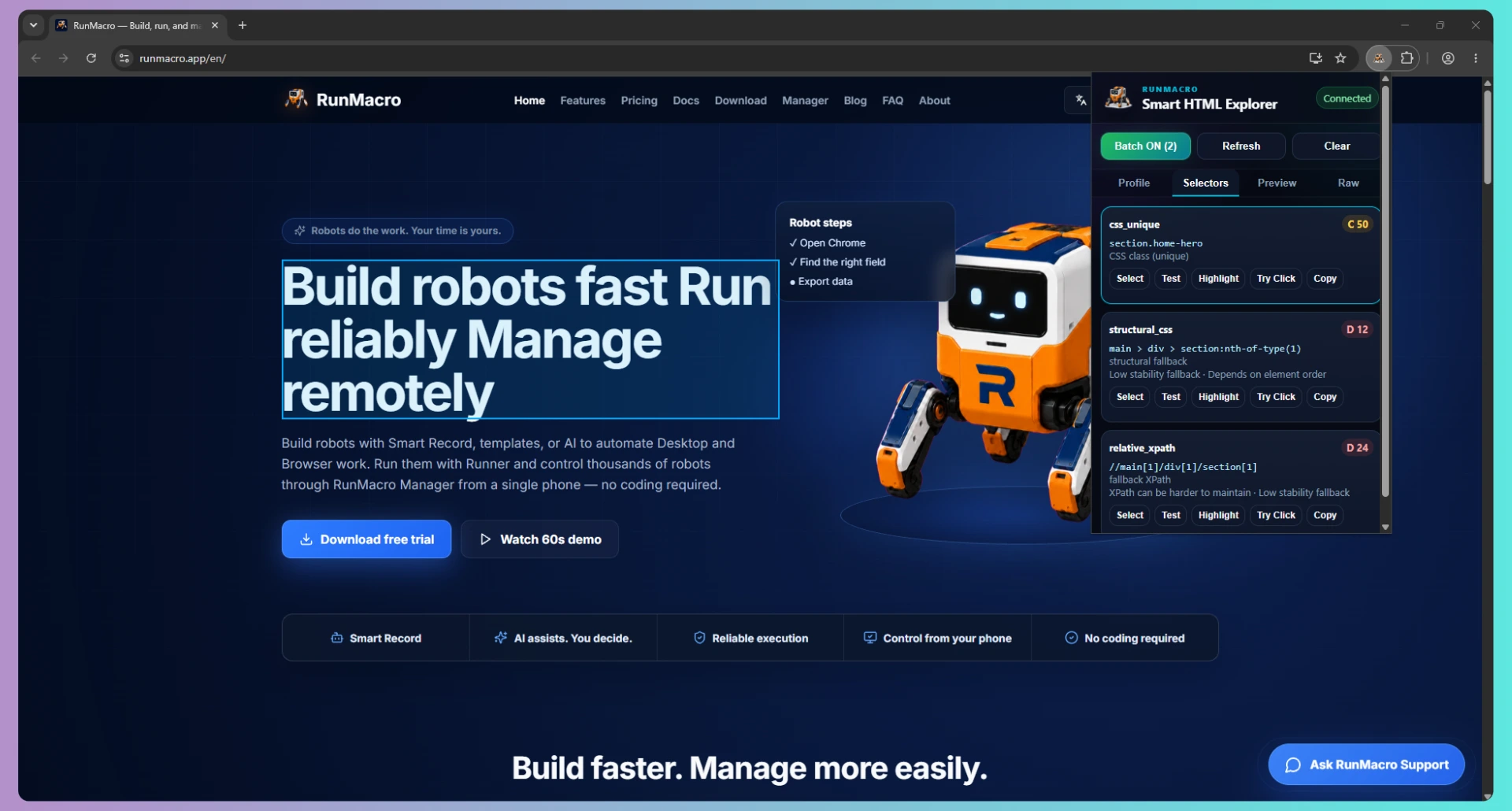 RunMacro Smart HTML Explorer interface on Chrome browser capturing web element selectors