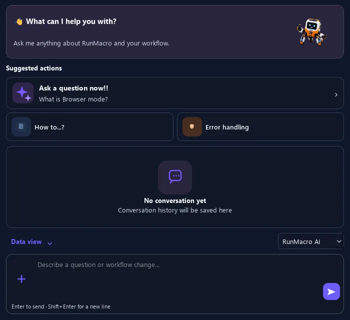 RunMacro AI Assistant feature configuration interface (Dark Mode)