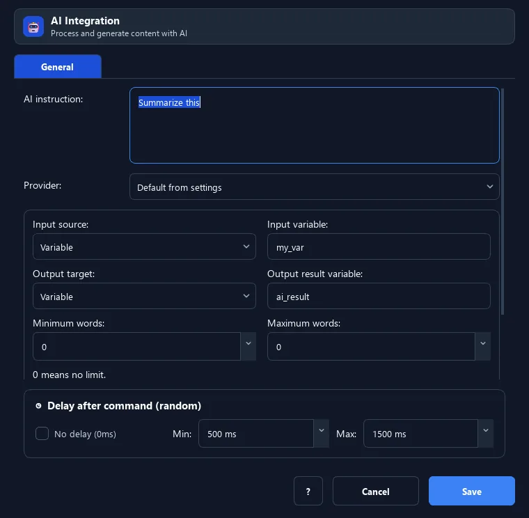 RunMacro AI Integration command configuration dialog showing parameter fields