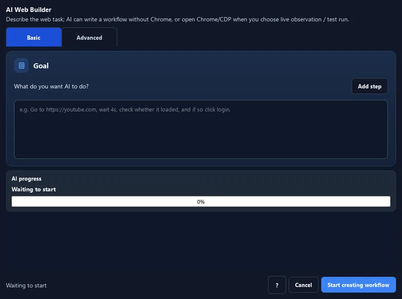 RunMacro AI Web Builder feature configuration interface (Dark Mode)