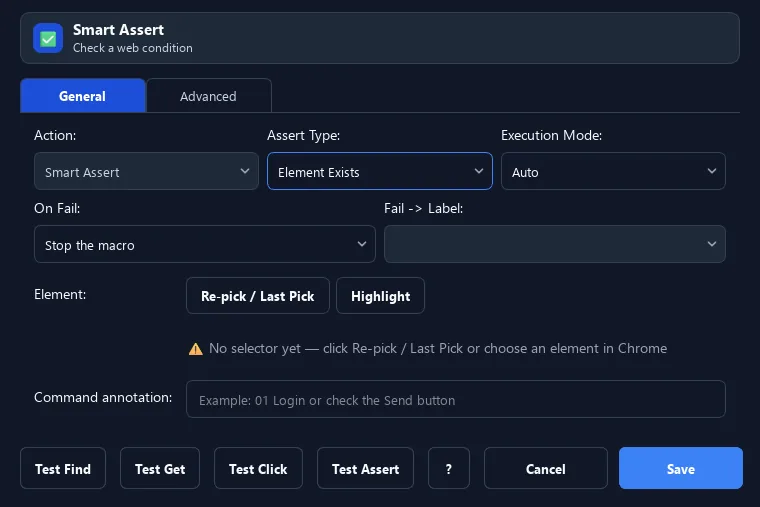 RunMacro Smart Assert command configuration dialog showing parameter fields