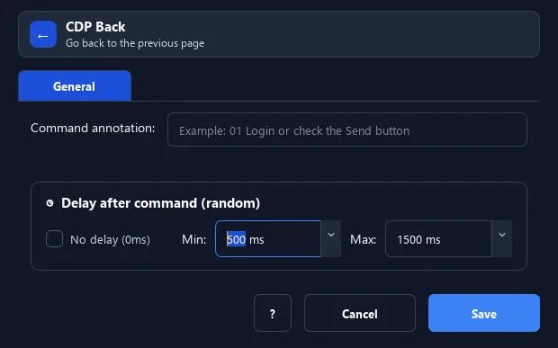 RunMacro Back command configuration dialog showing parameter fields