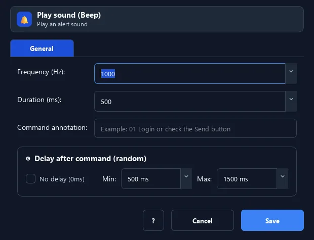 RunMacro Beep command configuration dialog showing parameter fields