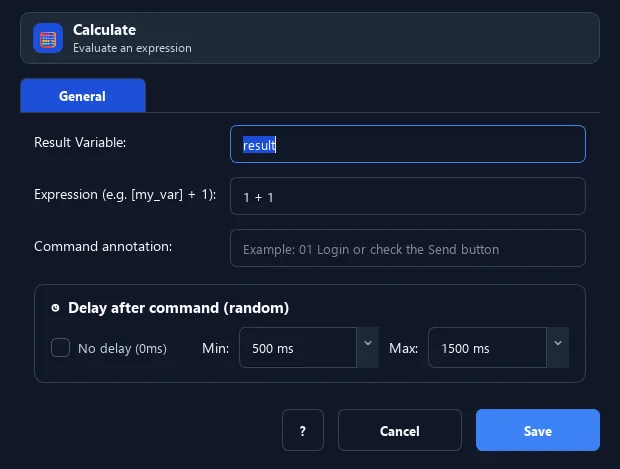 RunMacro Calculate command configuration dialog showing parameter fields