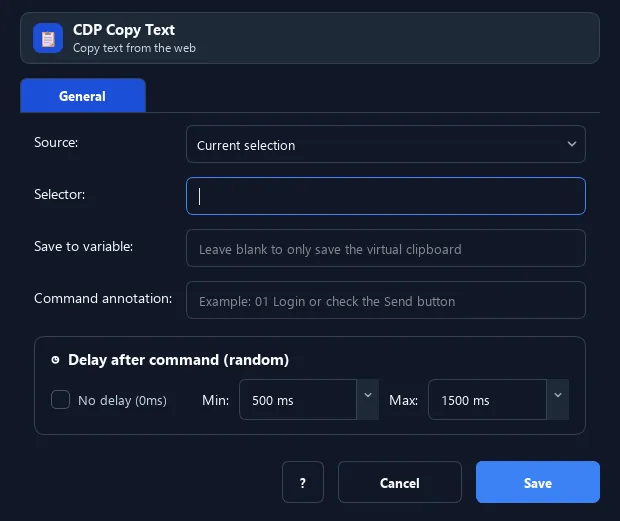 RunMacro CDP Copy Text (Background) command configuration dialog showing parameter fields