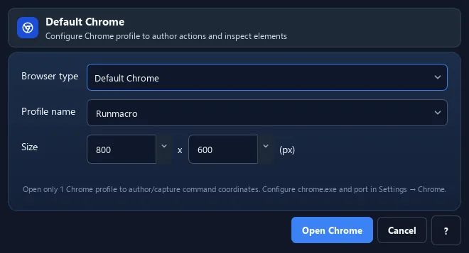 RunMacro Chrome Profile (CDP) feature configuration interface (Dark Mode)