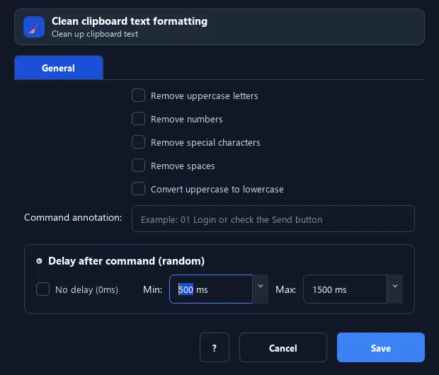 RunMacro Clean Text Format command configuration dialog showing parameter fields