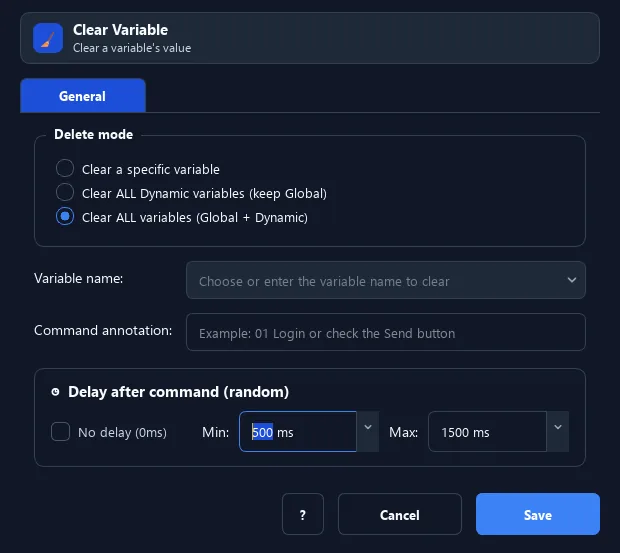 RunMacro Clear Variable command configuration dialog showing parameter fields
