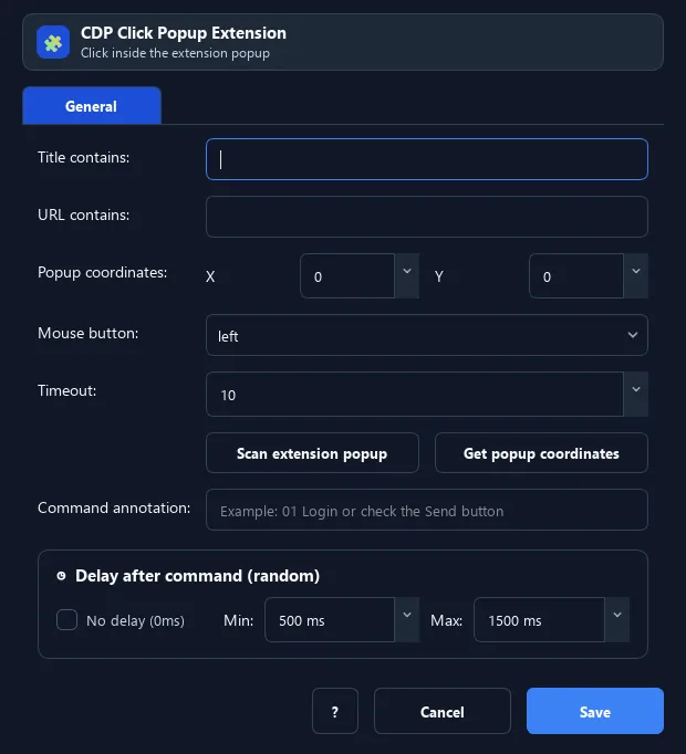 RunMacro Click Extension Popup command configuration dialog showing parameter fields