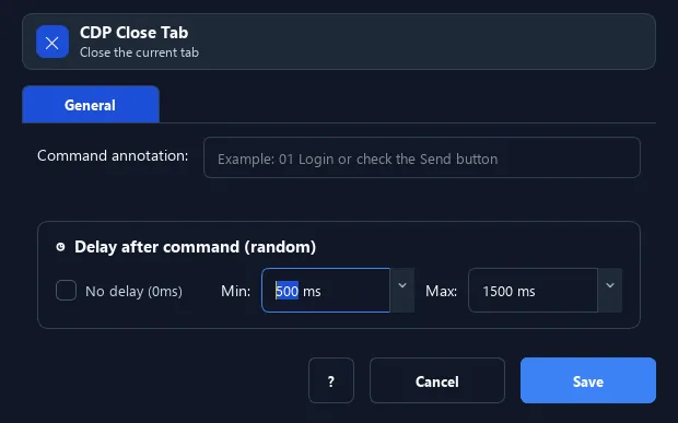 RunMacro Close Tab command configuration dialog showing parameter fields