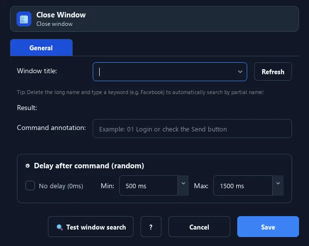 RunMacro Close Window command configuration dialog showing parameter fields