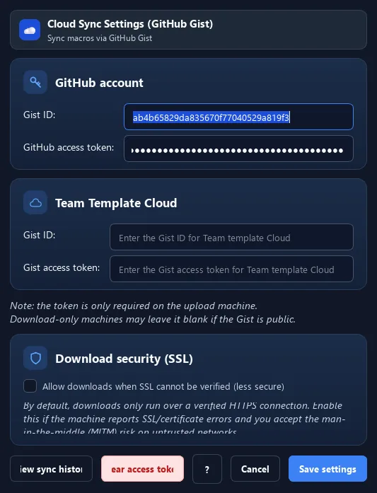 RunMacro Cloud Sync feature configuration interface (Dark Mode)
