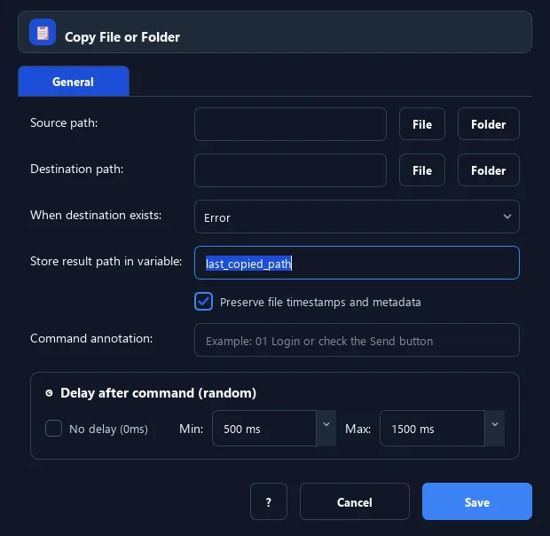 RunMacro Copy File or Folder command configuration dialog showing parameter fields