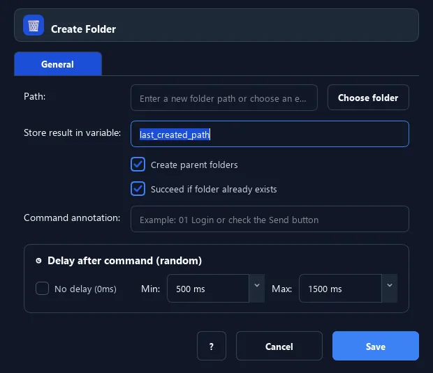 RunMacro Create Folder command configuration dialog showing parameter fields