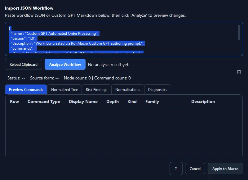 RunMacro Custom GPT Workflow feature configuration interface (Dark Mode)