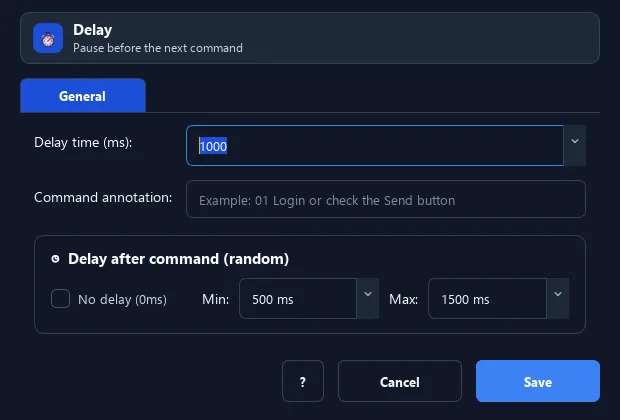 RunMacro Delay command configuration dialog showing parameter fields