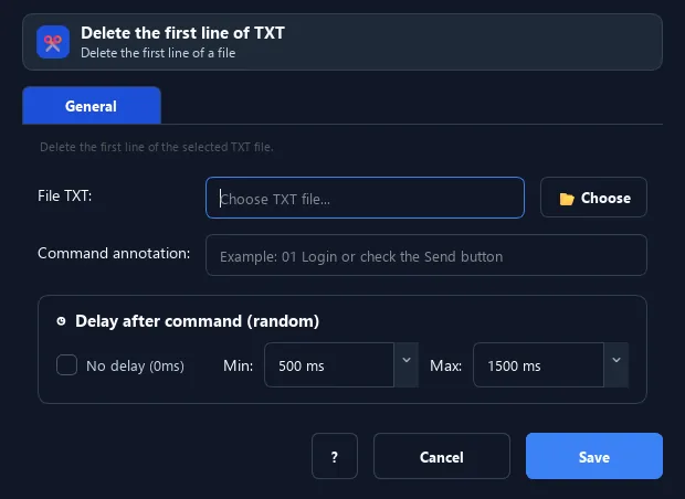 RunMacro Delete First Line command configuration dialog showing parameter fields
