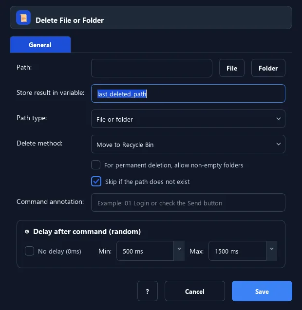 RunMacro Delete File or Folder command configuration dialog showing parameter fields