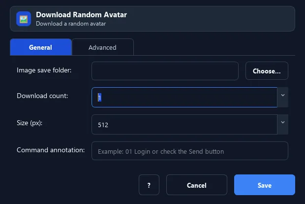 RunMacro Download Random Avatar command configuration dialog showing parameter fields