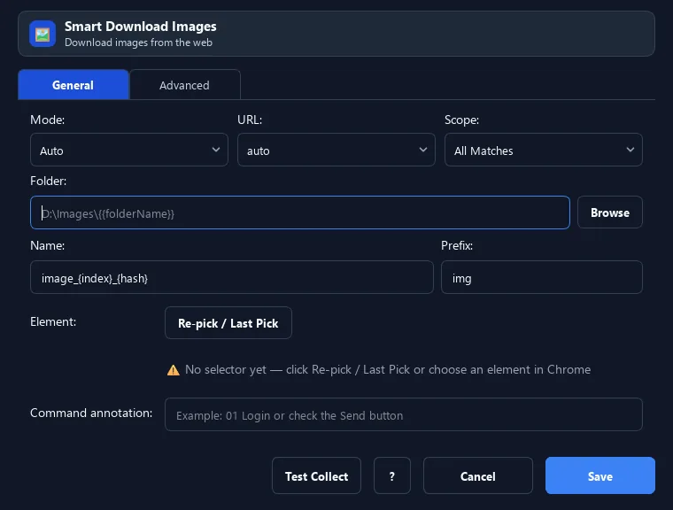 RunMacro Smart Download Images command configuration dialog showing parameter fields