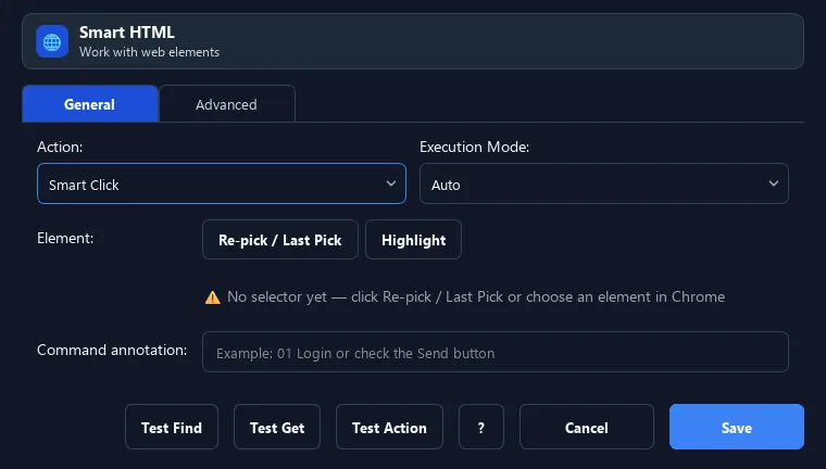 RunMacro Smart HTML command configuration dialog showing parameter fields