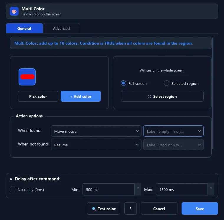 RunMacro Multi Color command configuration dialog showing parameter fields