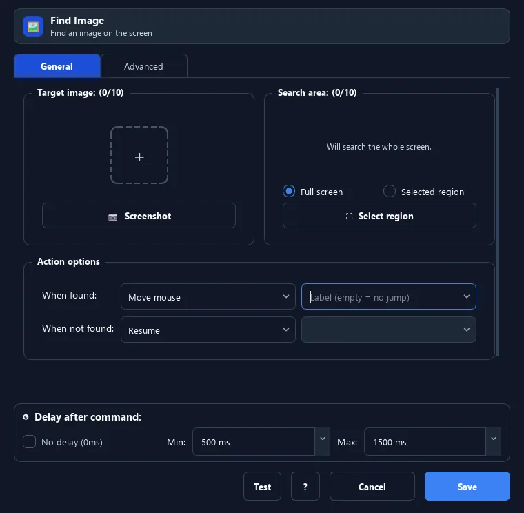 RunMacro Find Image command configuration dialog showing parameter fields