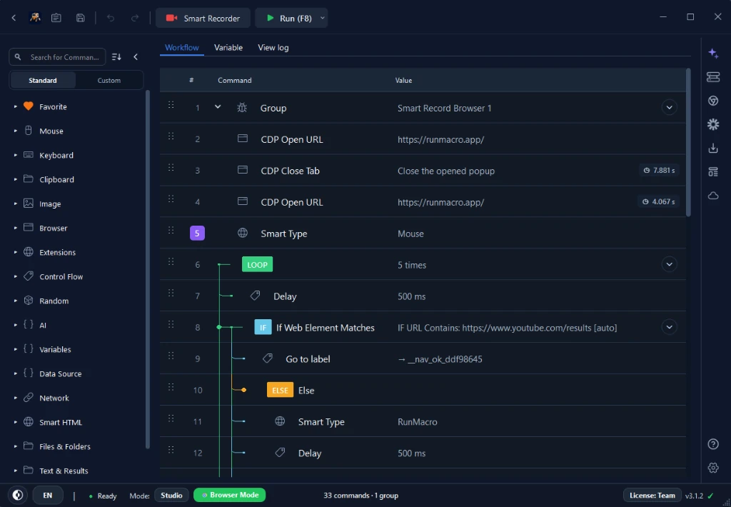 Building the first automation workflow in RunMacro editor