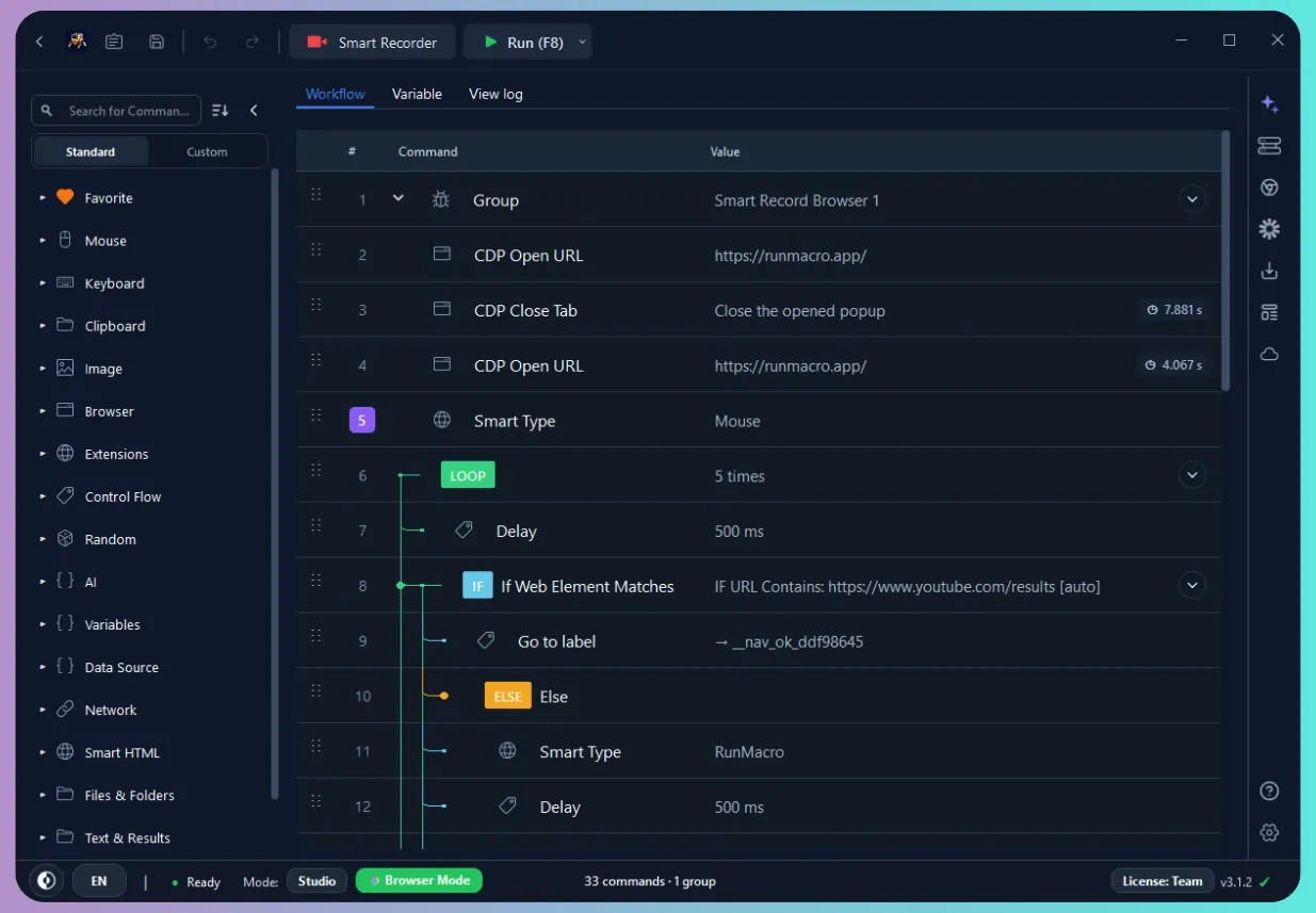 RunMacro desktop application interface with automation dashboard and workflow editor