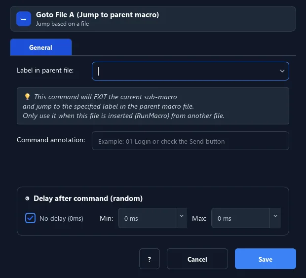 RunMacro Goto Parent File command configuration dialog showing parameter fields