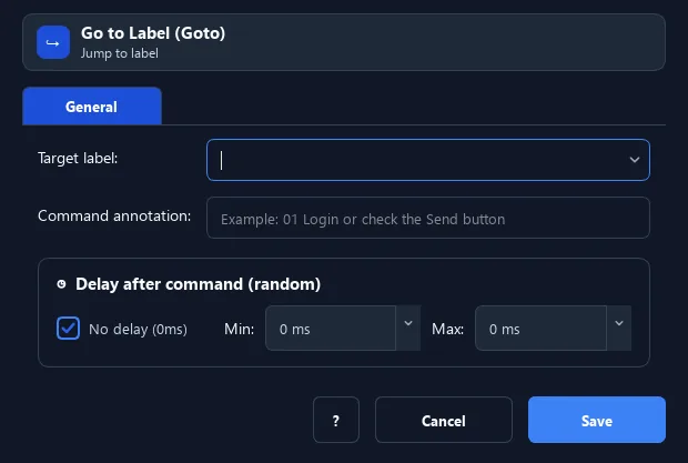 RunMacro Goto command configuration dialog showing parameter fields