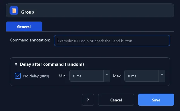 RunMacro Group / End Group command configuration dialog showing parameter fields