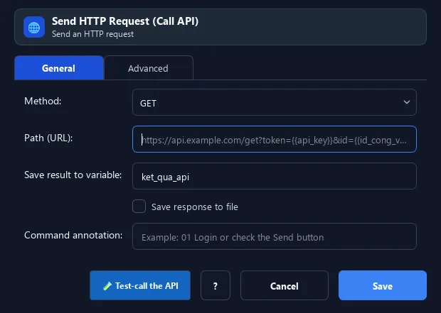 RunMacro HTTP Request command configuration dialog showing parameter fields