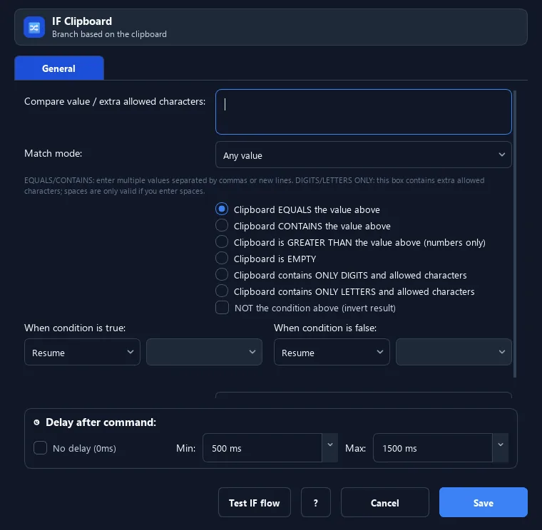RunMacro IF Clipboard command configuration dialog showing parameter fields