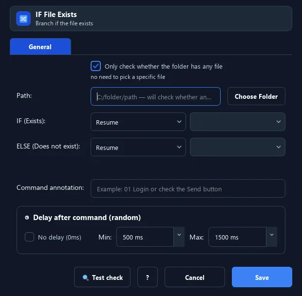 RunMacro IF File Exists command configuration dialog showing parameter fields